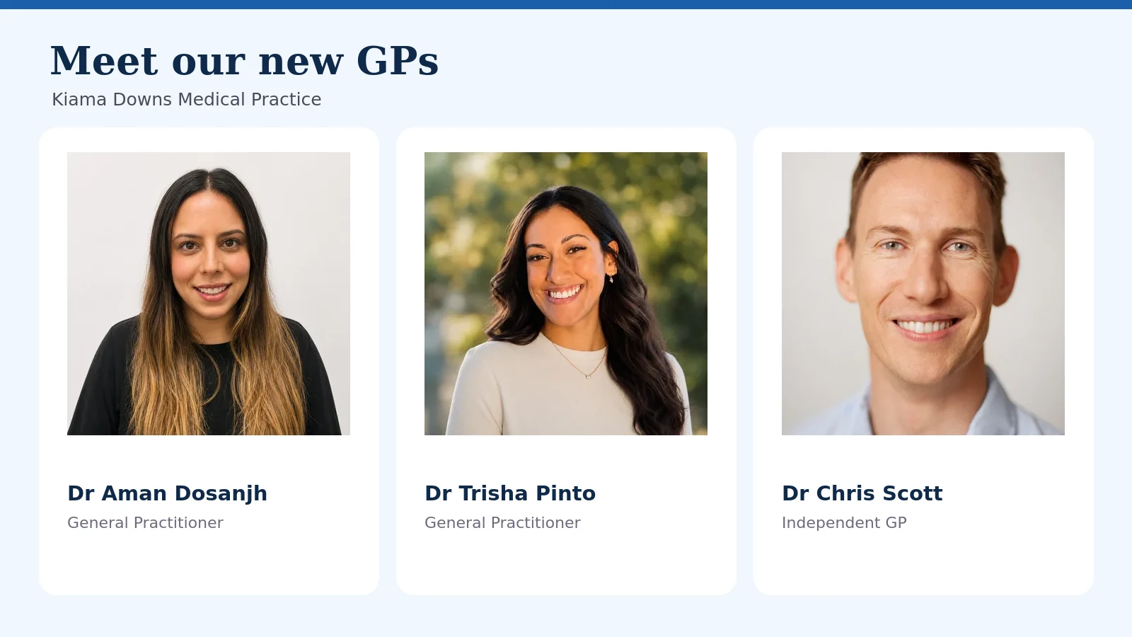 Portraits of Dr Aman Dosanjh, Dr Trisha Pinto and Dr Chris Scott